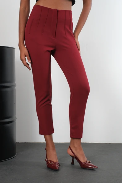 Bordo Yüksek Bel Dar Paça Dokuma Pantolon - Resim 6