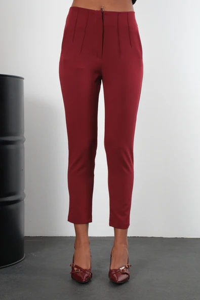 Bordo Yüksek Bel Dar Paça Dokuma Pantolon - Resim 4