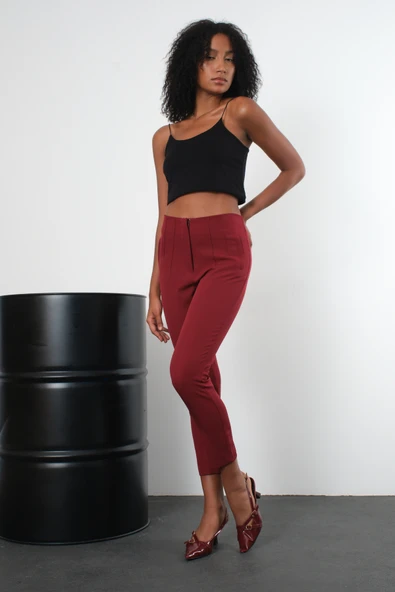 Bordo Yüksek Bel Dar Paça Dokuma Pantolon - Resim 3