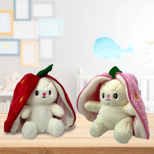 ribac 2 Adet Sevimli Çilek Tavşan Peluş Çantalı Hediyelik 50 cm Oyuncak - 4