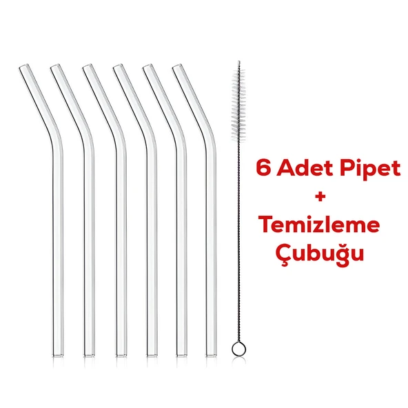 Perotti Straw 6'lı Şeffaf Cam Eğimli Isıya Dayanıklı (Borosilikat) Pipet Ve 1 Adet Pipet Temizleme Fırçası - 3