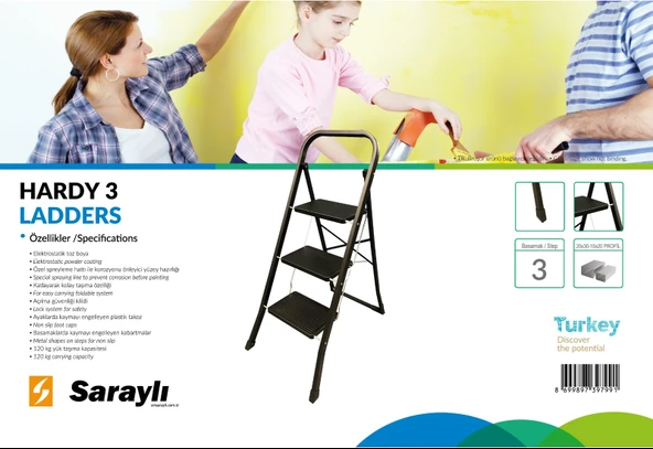 Saraylı hardy siyah pratik seyyar merdiven 3 basamak - geniş basamaklı - 2