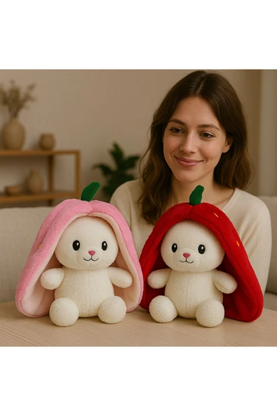 ribac 2 Adet Sevimli Çilek Tavşan Peluş Çantalı Hediyelik 50 cm Oyuncak