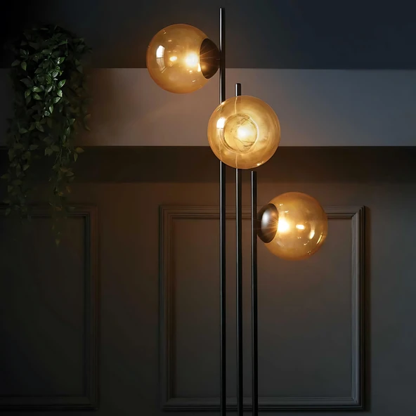 Fera 3 Glop Cam Başlıklı Siyah Lambader - 3