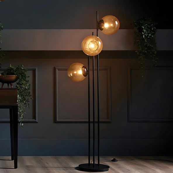 Fera 3 Glop Cam Başlıklı Siyah Lambader - 4