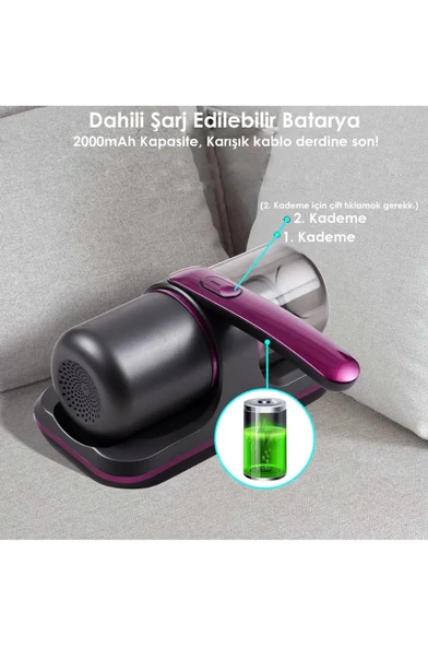 QASUL Şarjlı UV-C Işınlı 100W Akar Temizleme El Vakum Temizleme Toz Giderme - 3