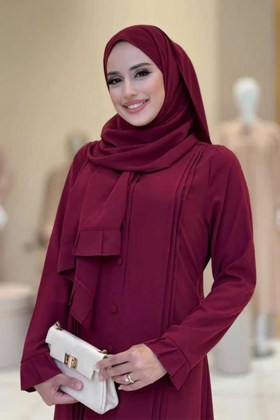Pilise Detay Elbise Şal İkili Takım 6039 Bordo - 4
