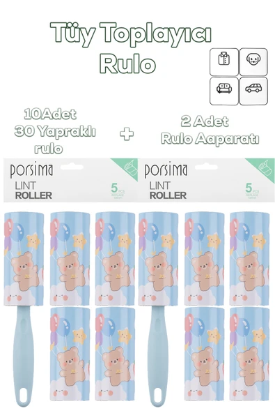 Porsima 3105 Kedi Köpek Tüy Toplayıcı Rulo + 10 Adet Rulo + 2 Adet Tutma Aparatı Toplam 300 Yaprak Mavi ürün görseli 1