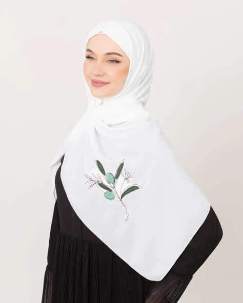 Polyster Beyaz Rengi Şal Filistin Zaytin Dalı Renkli Nakışlı S100030 - 2