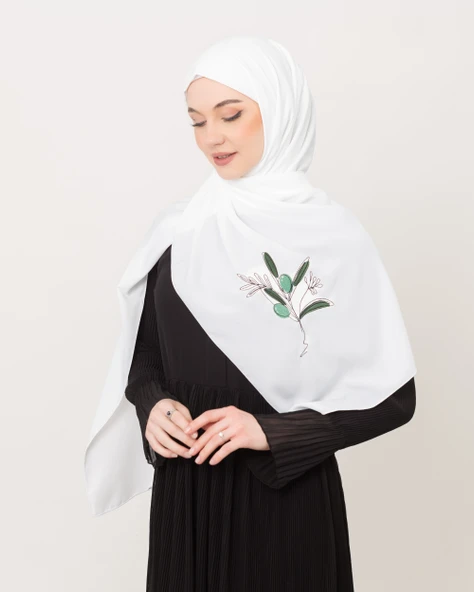 Polyster Beyaz Rengi Şal Filistin Zaytin Dalı Renkli Nakışlı S100030 - 7