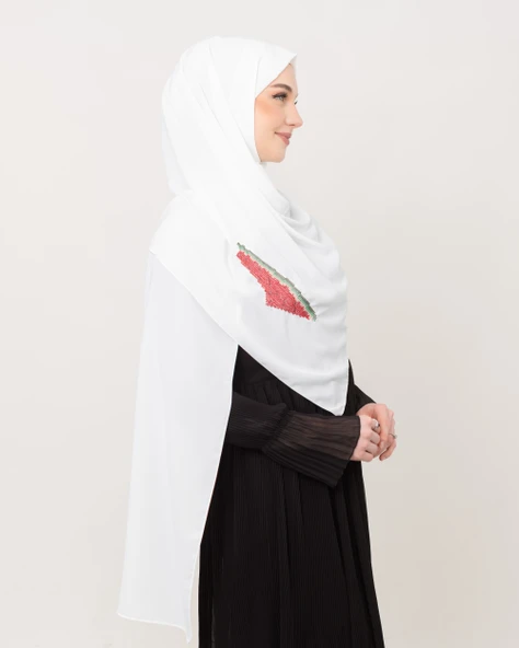 Polyster Beyaz Rengi Şal Filistin Haritası Karpuz Renkler İle Nakışlı S100031 - 2