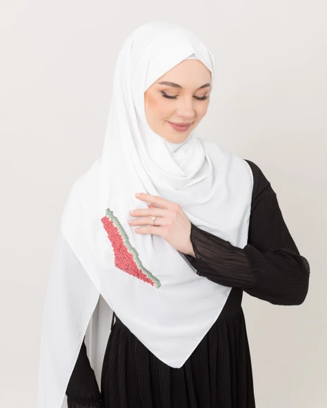 Polyster Beyaz Rengi Şal Filistin Haritası Karpuz Renkler İle Nakışlı S100031 - 8