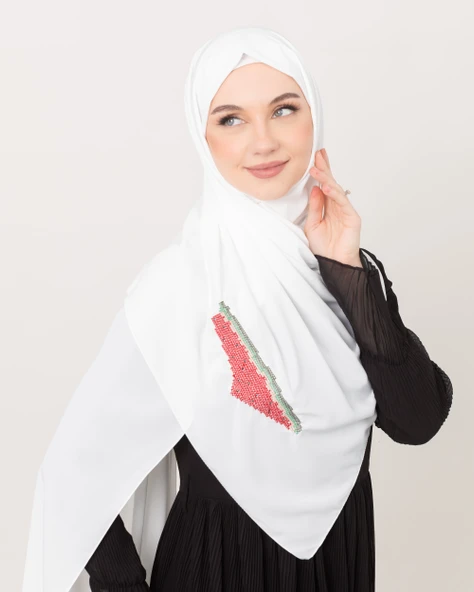 Polyster Beyaz Rengi Şal Filistin Haritası Karpuz Renkler İle Nakışlı S100031 - 9