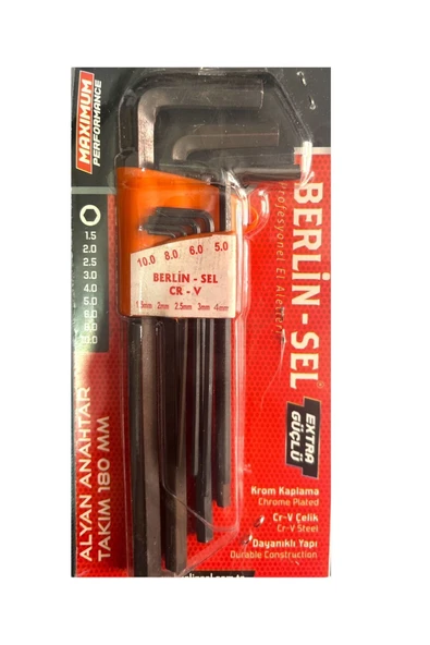 Berlin-Sel Berlin Sel 9 Parça Düz Kısa Alyan Seti Siyah Allen Takımı 180 Mm