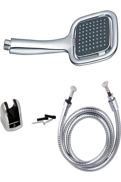 Umay Yapı Malzemeleri Siyah/Kare/Krom Duş Seti/Spiral Hortum + Duş Başlığı + Mafsal(Askılı) - 3