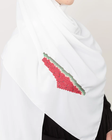 Polyster Beyaz Rengi Şal Filistin Haritası Karpuz Renkler İle Nakışlı S100031 - 5