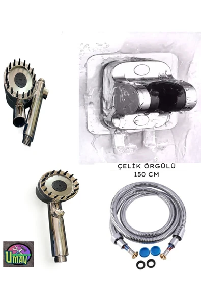 Umay Yapı Malzemeleri Masajlı Elcik + Yapışkanlı Mafsal + Örgülü Duş Hortumu Spiral 3'lü set