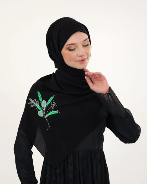 Polyster Siyah Rengi Şal Filistin Zaytin Dalı Renkli Nakışlı S100034 - 4