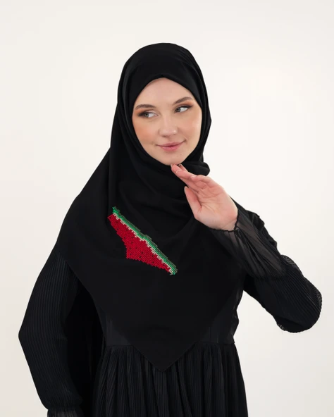 Polyster Siyah Rengi Şal Filistin Haritası Karpuz Renkler İle Nakışlı S100033 - 4