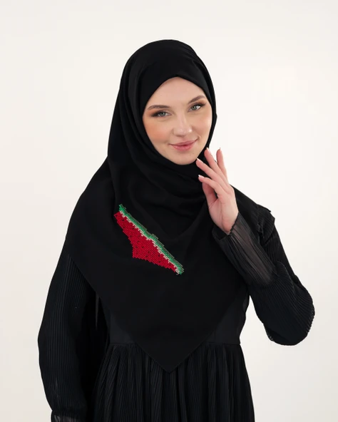 Polyster Siyah Rengi Şal Filistin Haritası Karpuz Renkler İle Nakışlı S100033 - 2