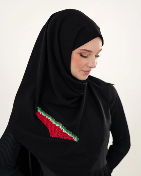 Polyster Siyah Rengi Şal Filistin Haritası Karpuz Renkler İle Nakışlı S100033 - 5