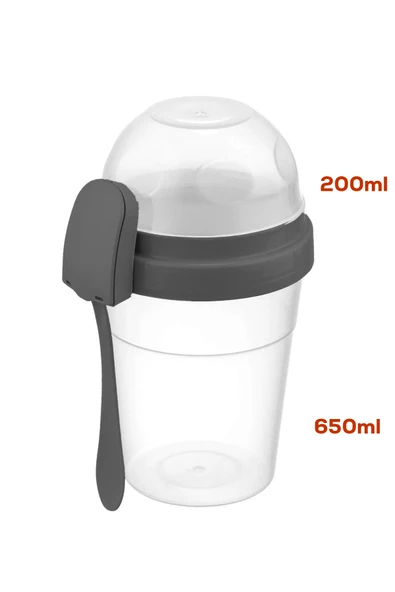 Porsima 4327 2 Adet Yoğurt Kabı – Pratik Taşınabilir Kaşıklı Atıştırmalık Kabı-Antrasit 650ml+200ml - 4