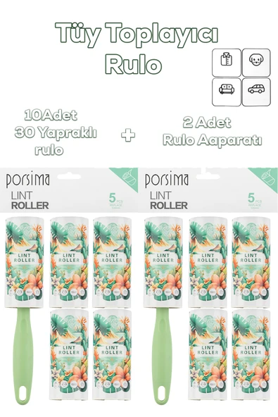 Porsima 3107 Kedi Köpek Tüy Toplayıcı Rulo + 10 Adet Rulo + 2 Adet Tutma Aparatı Toplam 300 Yaprak Yeşil