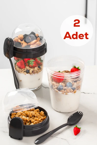 Porsima 4327 2 Adet Yoğurt Kabı – Pratik Taşınabilir Kaşıklı Atıştırmalık Kabı-Antrasit 650ml+200ml