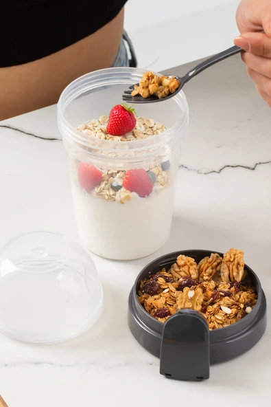 Porsima 4327 2 Adet Yoğurt Kabı – Pratik Taşınabilir Kaşıklı Atıştırmalık Kabı-Antrasit 650ml+200ml - 2