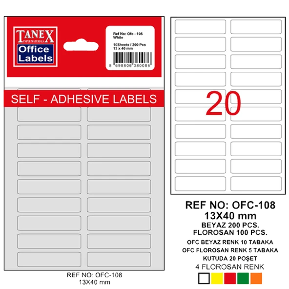 Tanex Ofis Etiketi Poşetli 13x40 MM Beyaz OFC-108 (10 lu paket) - Resim 2