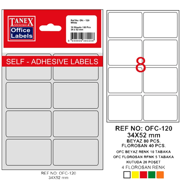 Tanex Ofis Etiketİ Poşetli 34x55 MM Beyaz OFC-120 (10 lu paket)