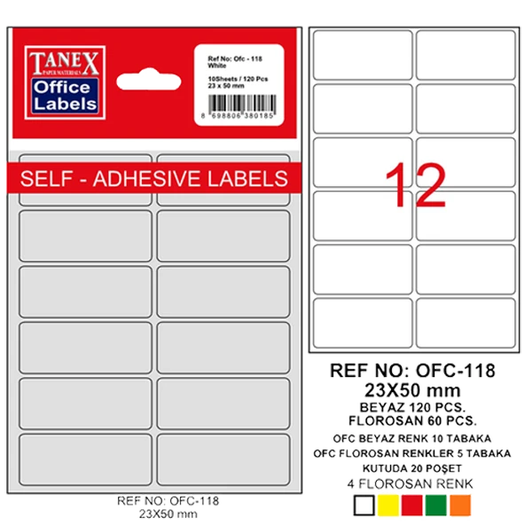 Tanex Ofis Etiketi Poşetli 23x50 MM Beyaz OFC-118 (10 lu paket)