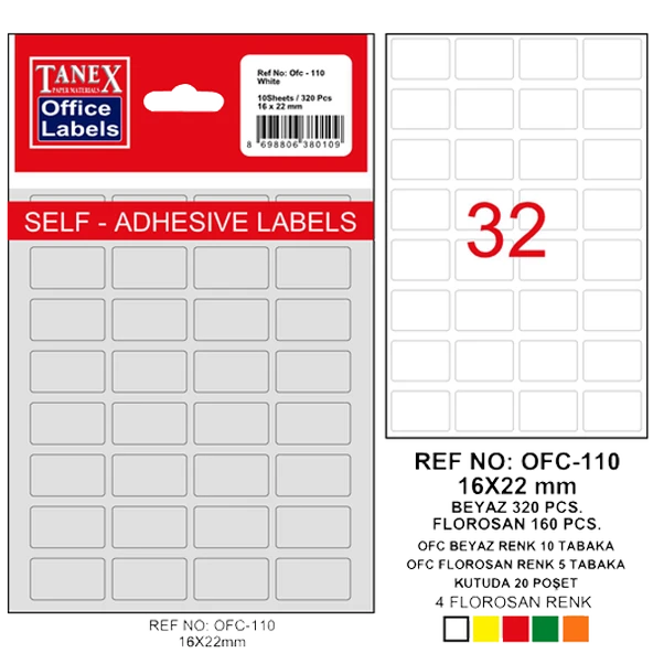 Tanex Ofis Etiketi Poşetli 16x22 MM Beyaz OFC-110 (10 lu paket)