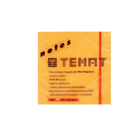 Temat Yapışkanlı Not Kağıdı.(12 adet)FosforluTuruncu 75x75 MM