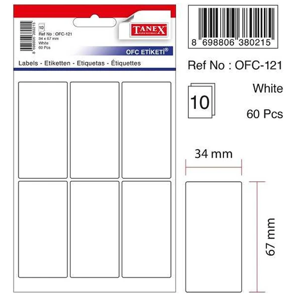 Tanex Ofis Etiketİ Poşetli 34x67 MM Beyaz OFC-121 (10 lu paket)