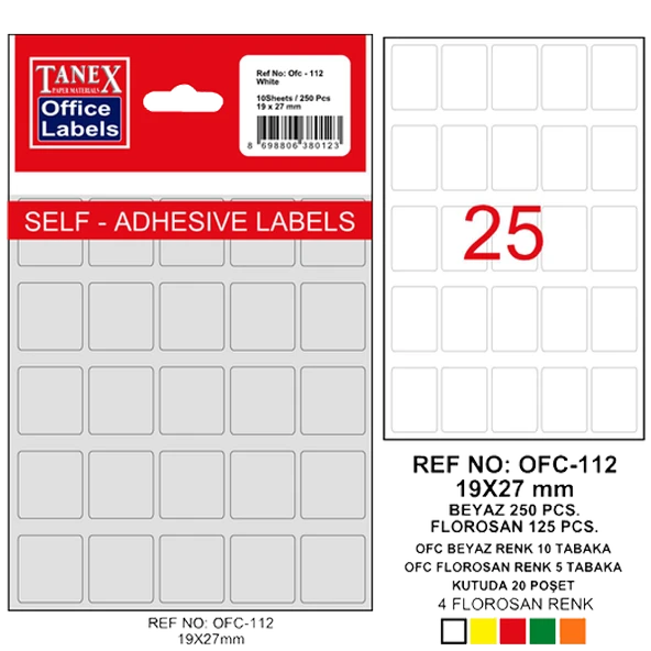 Tanex Ofis Etiketi Poşetli 19x27 MM Beyaz OFC-112 (10 lu paket)