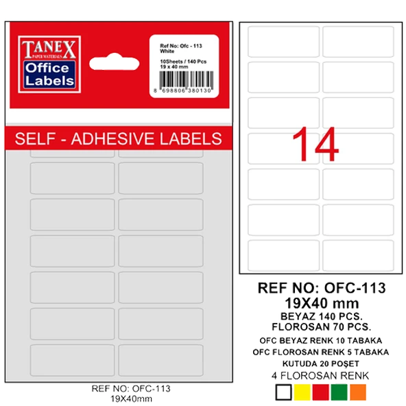 Tanex Ofis Etiketi Poşetli 19x40 MM Beyaz OFC-113 (10 lu paket)