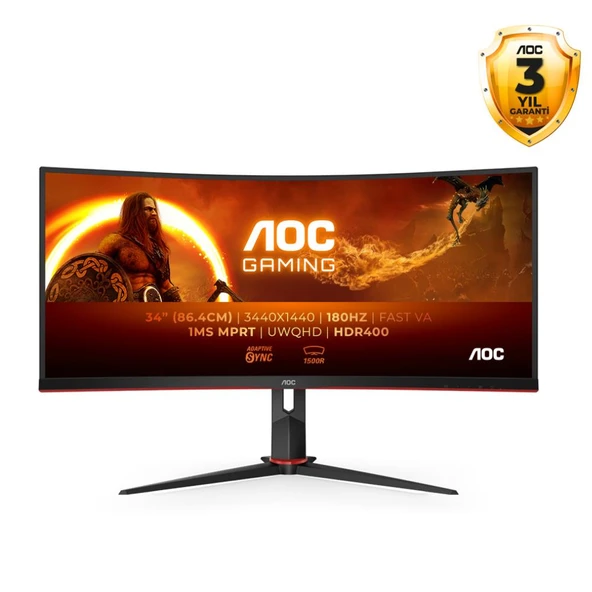 AOC CU34G2XP 34" 180Hz 1ms HDMI DP USB 3.2 Adaptive Sync HDR400 WQHD VA Curved 1500R Monitör