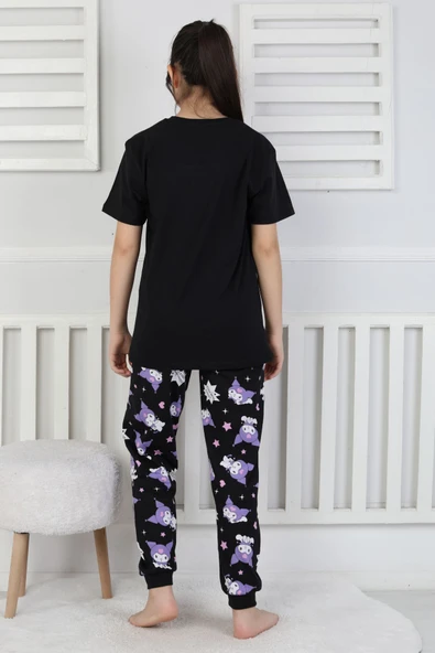 Kısa Kollu Kuromi Desenli Kız Çocuk Pijama Takımı Pembe 3-8 Yaş