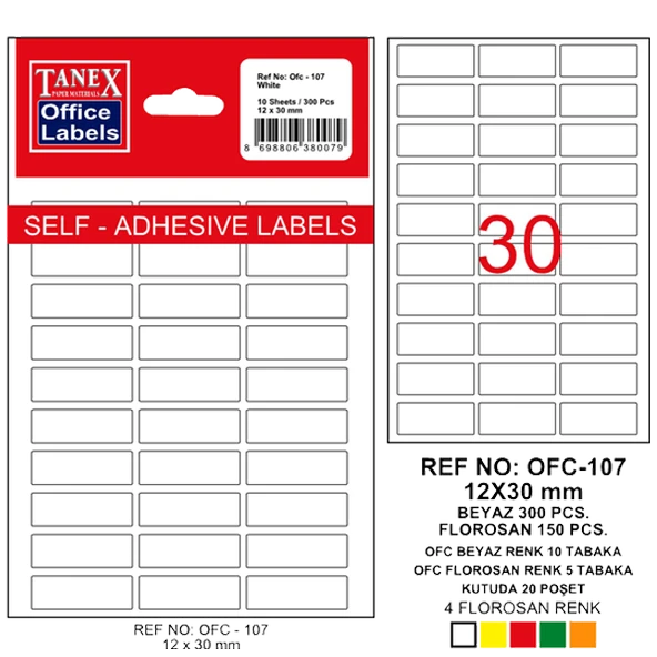 Tanex Ofis Etiketi Poşetli 12x30 MM Beyaz (10 lu 1 paket) OFC-107