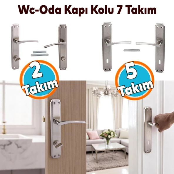 ( 5 Takım ) Oda Kapı Kolu + ( 2 Takım ) Wc Banyo Kapı Kolu Sağa Sola Uygun Tuvalet Kapı Kolu Seti - 2