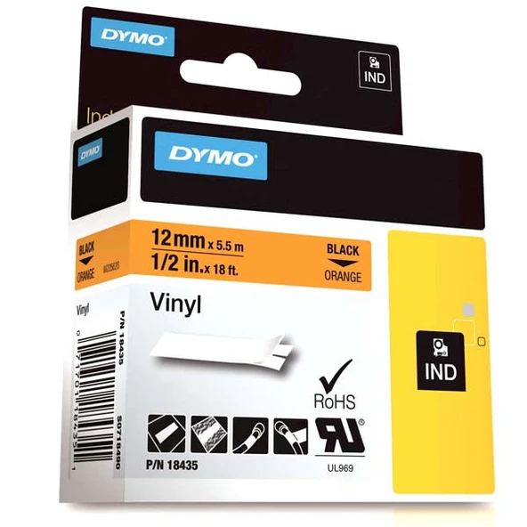 Dymo Rhino Pro Etiketi Renkli Vinil 12 MMx5.5 MT Turuncu Üzerine Siyah 18435-5-LI-PKT
