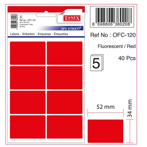 Tanex Flo Kırmızı Ofis Etiketi 5 Ad. Ofc-120 (10 paket)