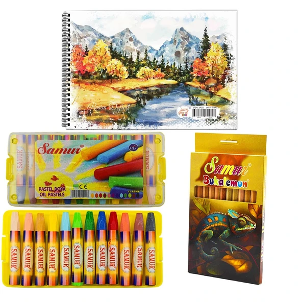 Samur Resim Defterli Boya Seti (Kuru Boya 12 Li+Pastel Boya 12 Li+25x35 Resim Defteri)