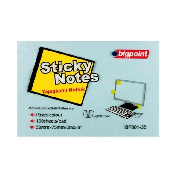 Bigpoint Yapışkanlı Not Kağıdı 75x50 Pastel Mavi BP801-35