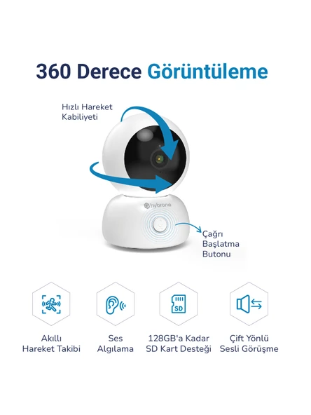 Hybrone Omni Hareketli Wi-Fi Akıllı Kamera, 360 Görüntüleme, Akıllı Hareket Takibi, Ses Algılama - 3