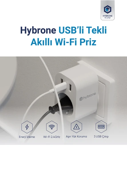 Hybrone Usb Ve Type-c Girişli Akım Korumalı Wi-fi Akıllı Priz, Adaptör, 16 Amper, Enerji İzleme - 2