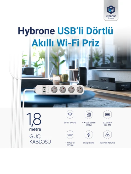 Hybrone USB Ve Type-C Girişli Akım Korumalı Dörtlü Wi-Fi Akıllı Priz, 16 Amper, Enerji İzleme - 2