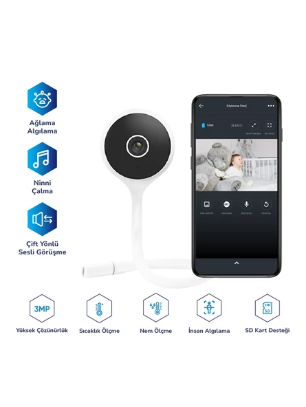 Hybrone Flex Wi-Fi Akıllı Bebek Kamerası, Ağlama Algılama, Ninni Çalma, Sıcaklık ve Nem Ölçümü