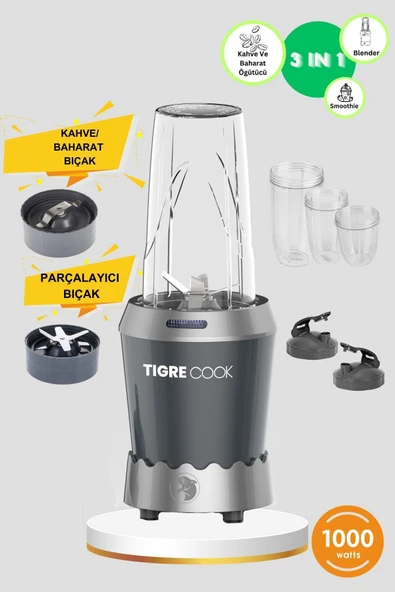 TIGRECOOK NUTRISHAKE 3 in 1 Paslanmaz Çelik Bıçaklı Kişisel Smoothie Blender ve Kahve Baharat Öğütücü 1000 GRi